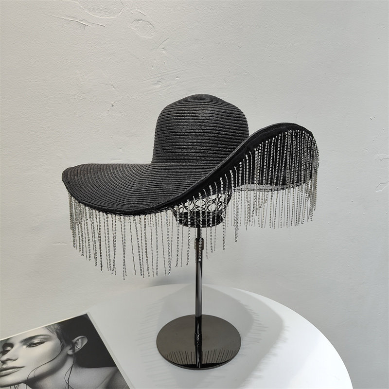 Women Fashion Photoshoot - Rhinestone Tassel Oversized Brim Straw Hat